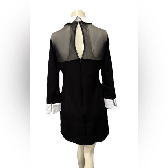 Boston Proper Black Sheer Mesh Panel Dress White Collar Cuffs Size 10 - Picture 4 of 11